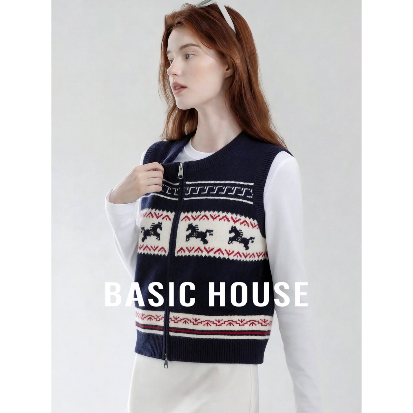 Basic House/百家好费尔岛针织马甲女秋拉链无袖背心叠穿百搭上衣