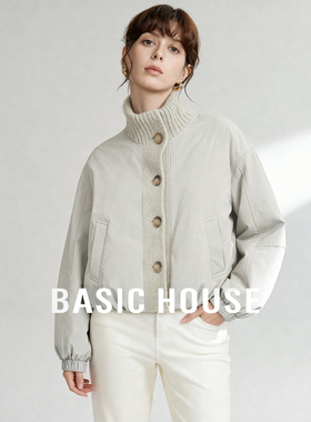 Basic House/百家好针织拼接立领短款白鸭绒羽绒服保暖短款外套女