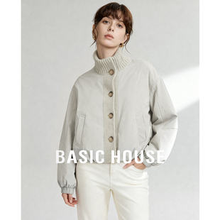 Basic House/百家好针织拼接立领短款白鸭绒羽绒服保暖米色外套女