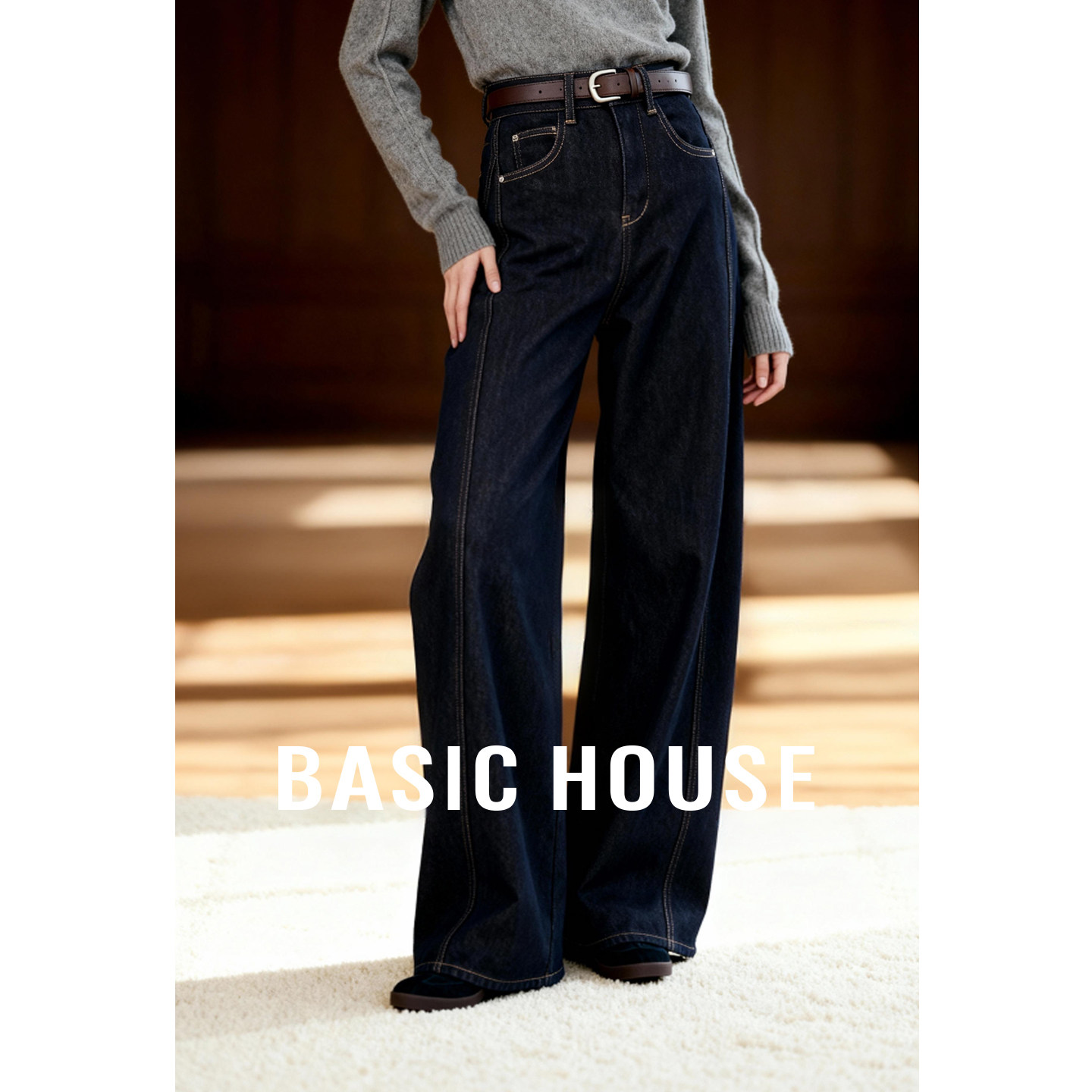 Basic House/百家好复古高腰加绒直筒牛仔裤2026秋冬保暖加厚长裤