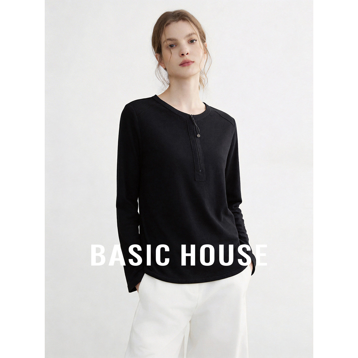 Basic House/百家好黑色圆领设计小众针织衫女夏季百搭打底衫上衣