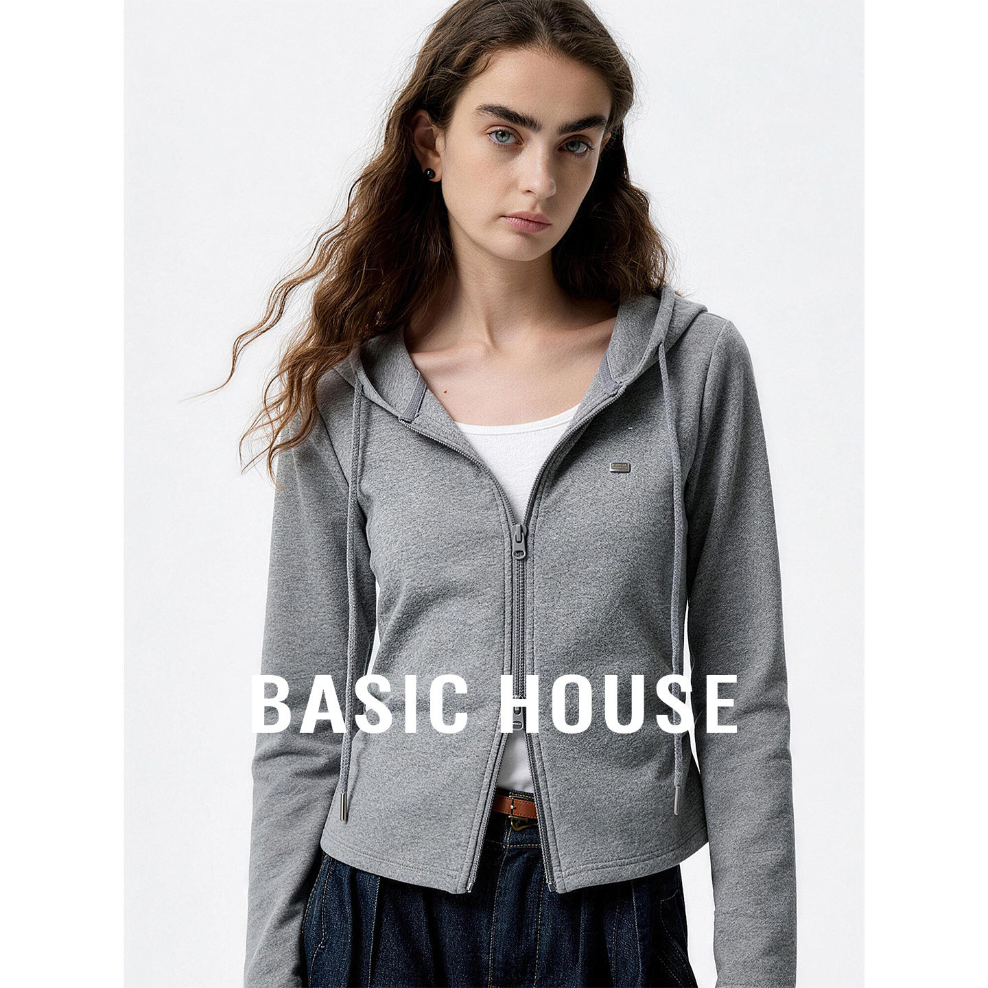 Basic House/百家好灰色假两件连帽卫衣女春季小个子显瘦拉链上衣