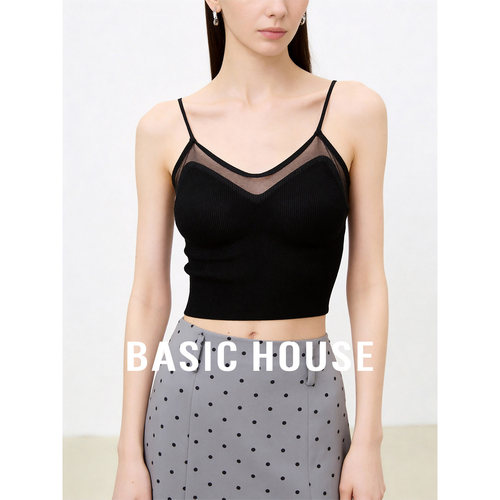 Basic House/百家好细肩带网纱拼接带胸垫内搭吊带新款打底背心女
