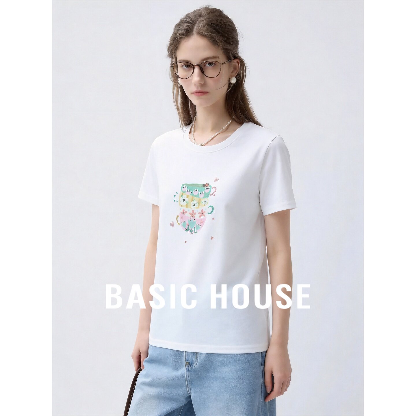 Basic House/百家好小清新印花短袖T恤女舒适透气百搭时尚上衣