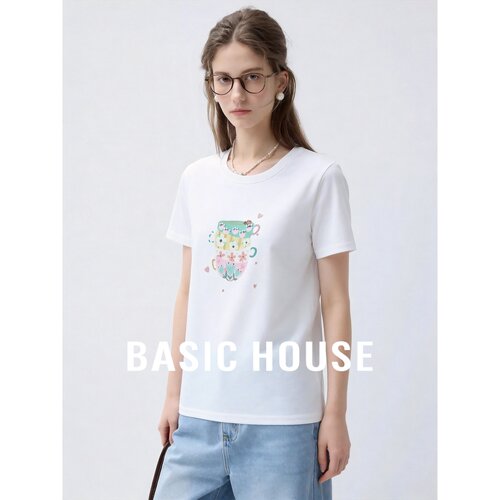 Basic House/百家好小清新印花短袖T恤女舒适透气百搭时尚上衣