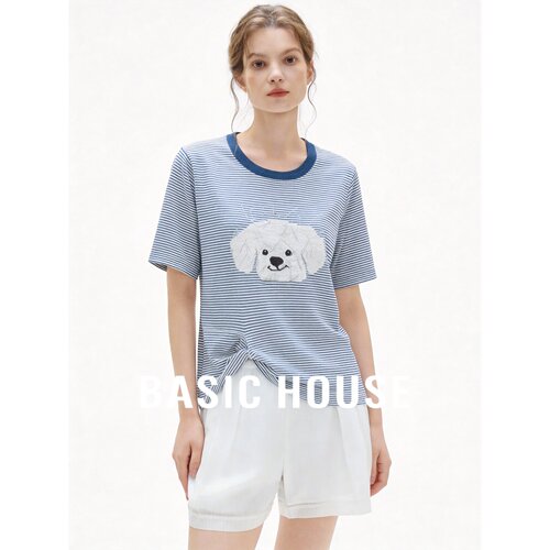 Basic House/百家好条纹小狗印花短袖T恤女夏季莱赛尔针织衫上衣