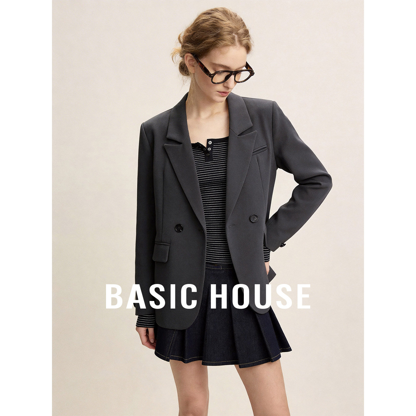 Basic House/百家好职场通勤西装外套女2026新款气质V领宽松上衣