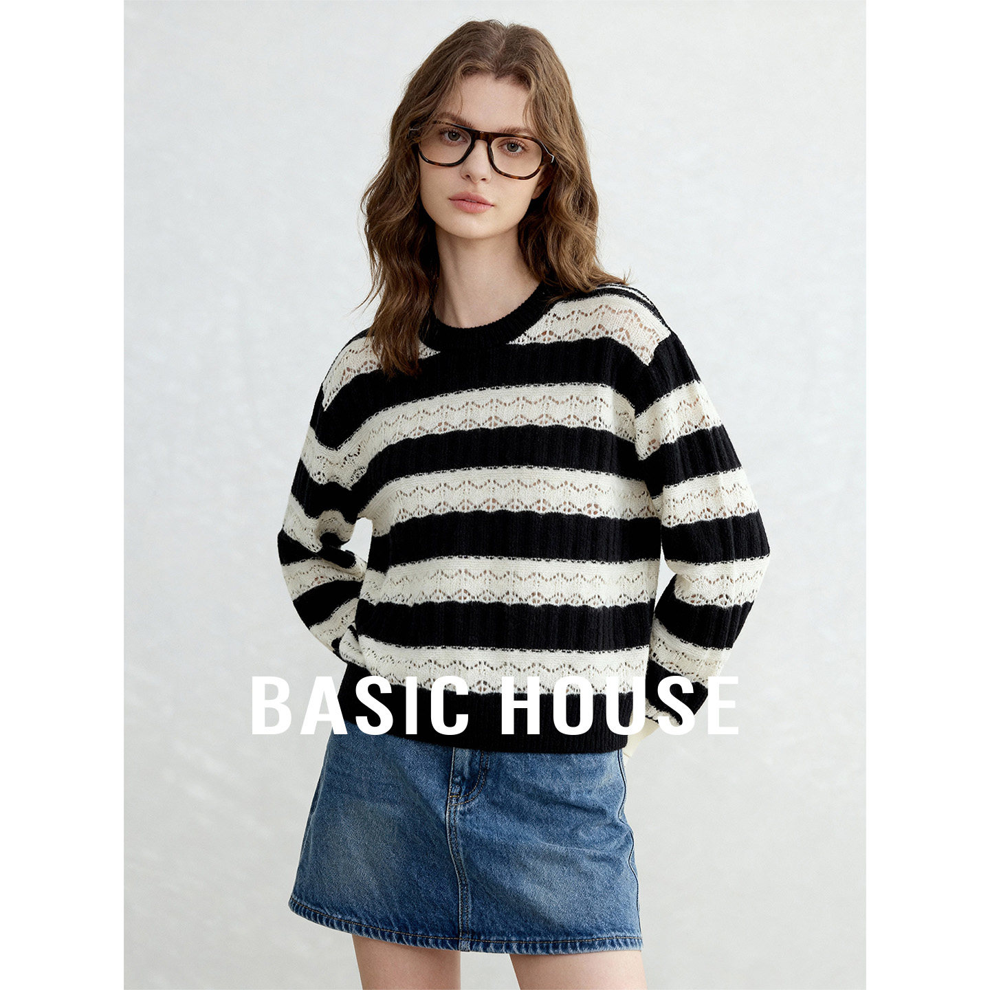 Basic House/百家好圆领撞色波浪条纹毛衣女秋季新款宽松百搭上衣