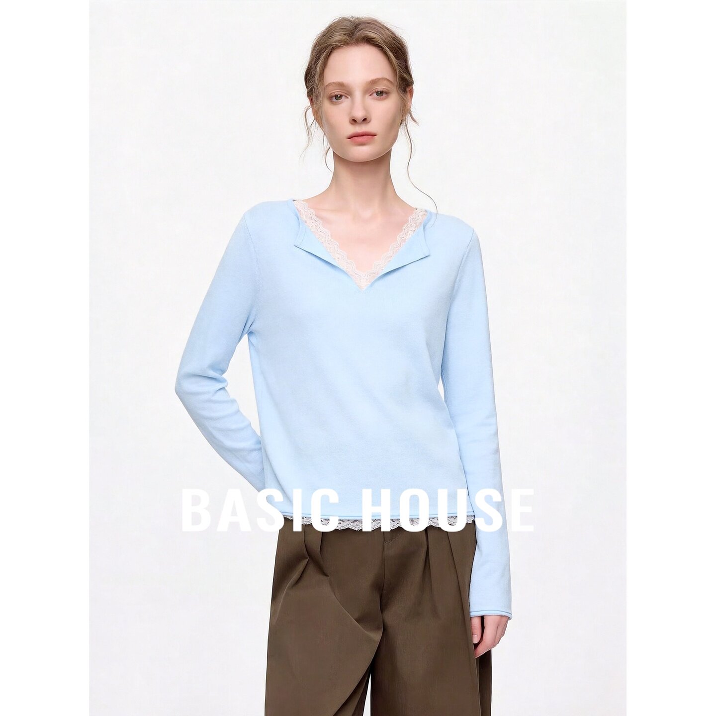 Basic House/百家好温柔风蕾丝V领长袖针织衫女显瘦百搭早秋穿搭