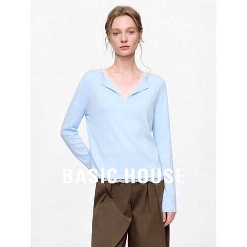 Basic House/百家好温柔风蕾丝V领长袖针织衫女显瘦百搭早秋穿搭