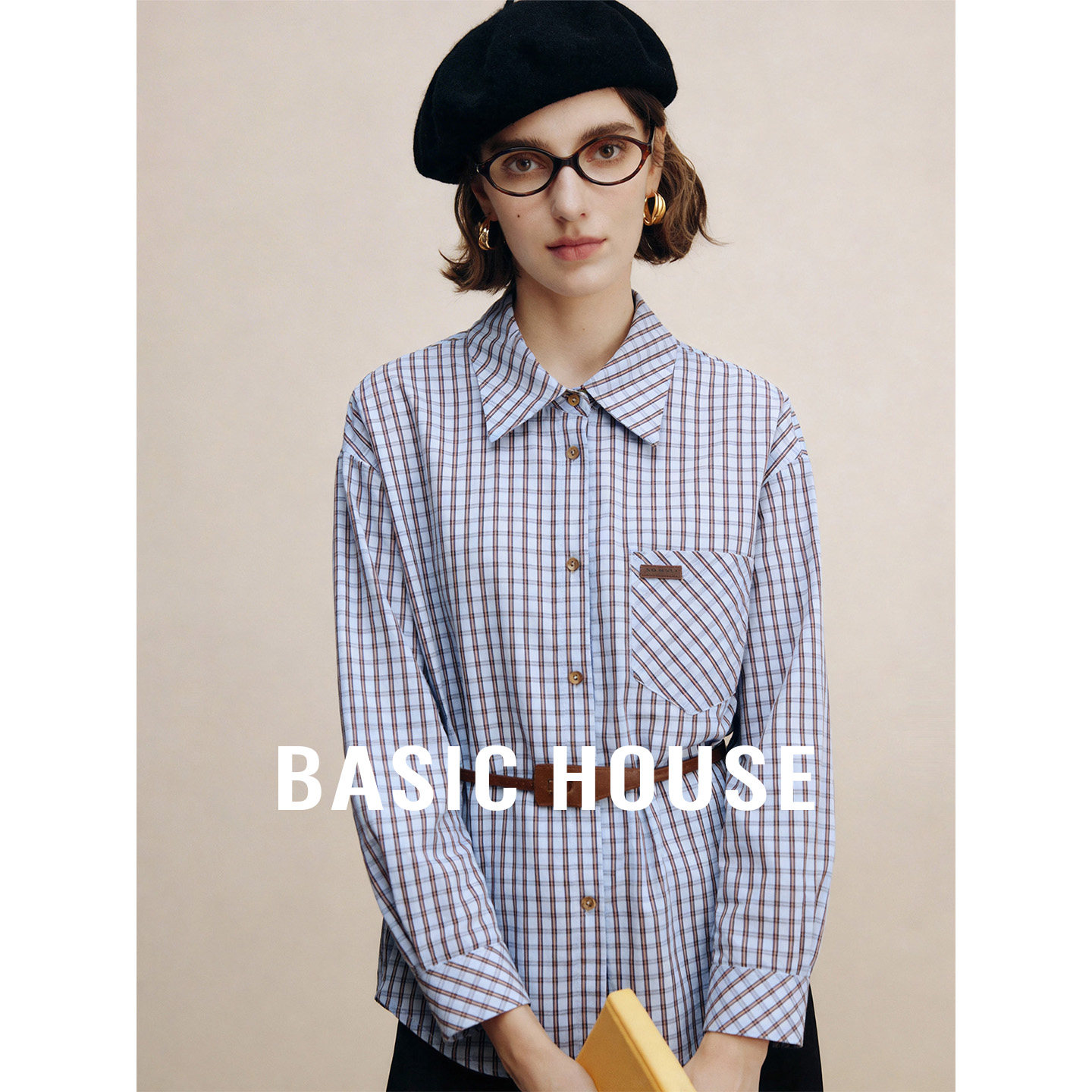 Basic House/百家好复古秋季撞色格子宽松衬衫女系带收腰长袖衬衣