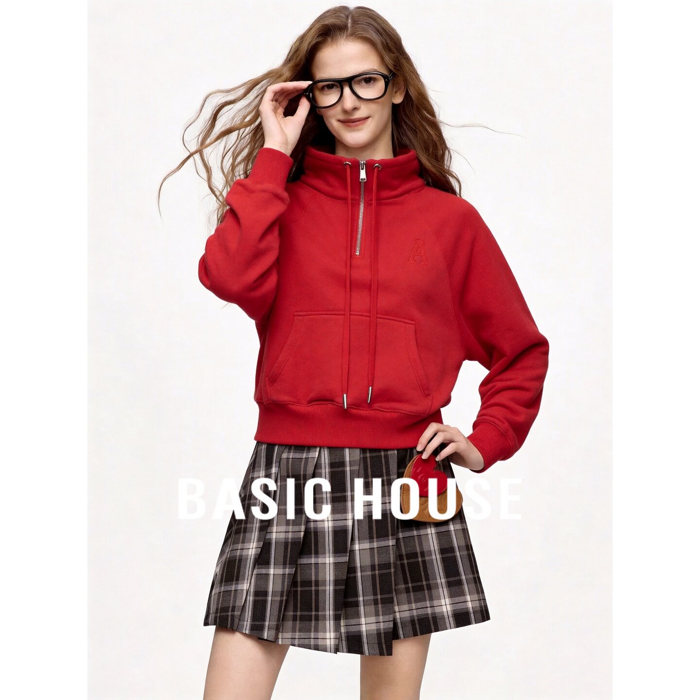 Basic House/百家好红色立领拉链字母刺绣宽松长袖连帽卫衣秋季女