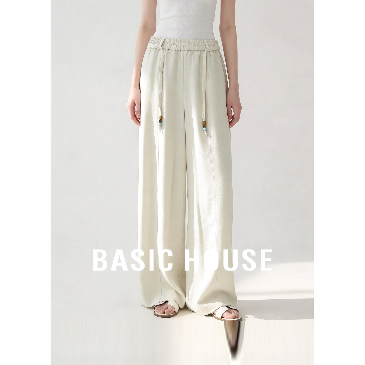 Basic House/百家好米色抽绳阔腿裤女秋季高腰垂坠感显瘦休闲长裤