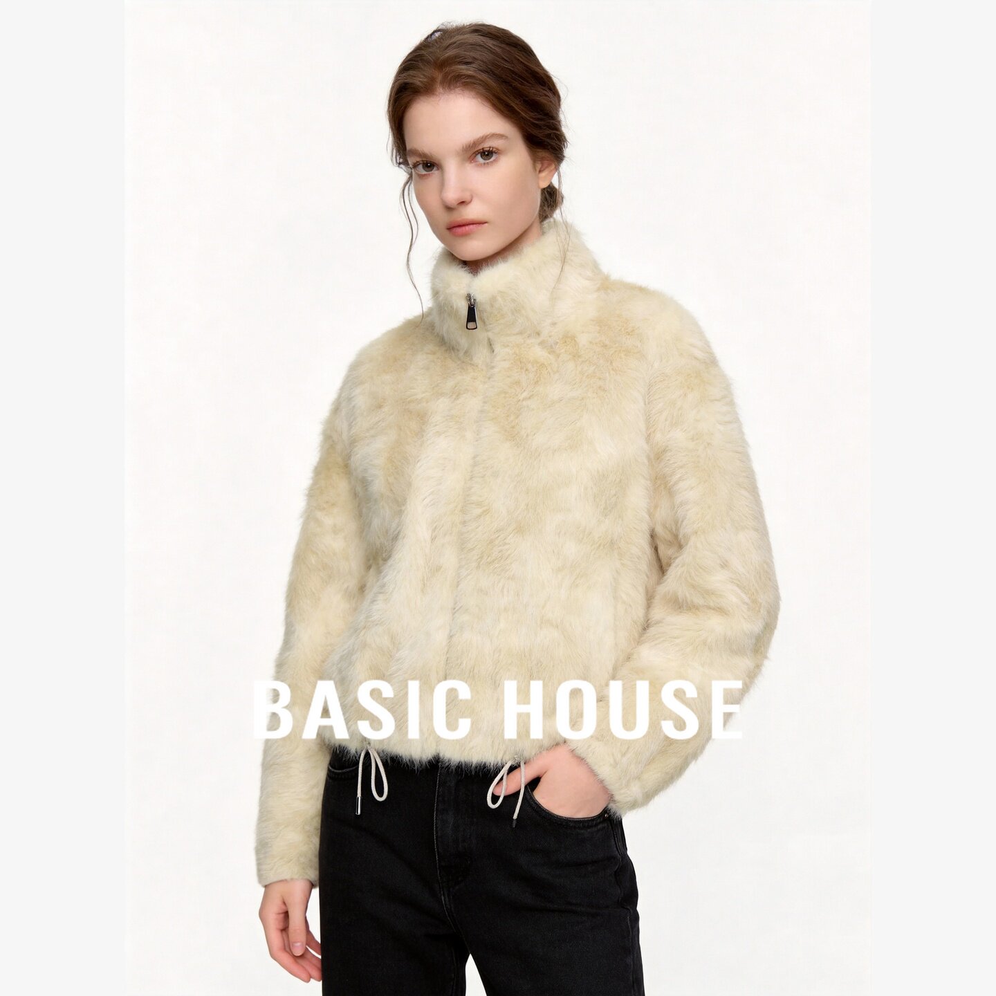 Basic House/百家好轻奢风立领皮草短外套女皮毛一体拉链毛毛外套
