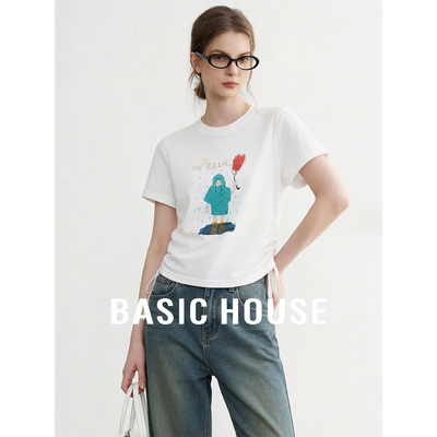 Basic House/百家好撞色卡通印花抽绳T恤女夏季圆领收腰短袖上衣