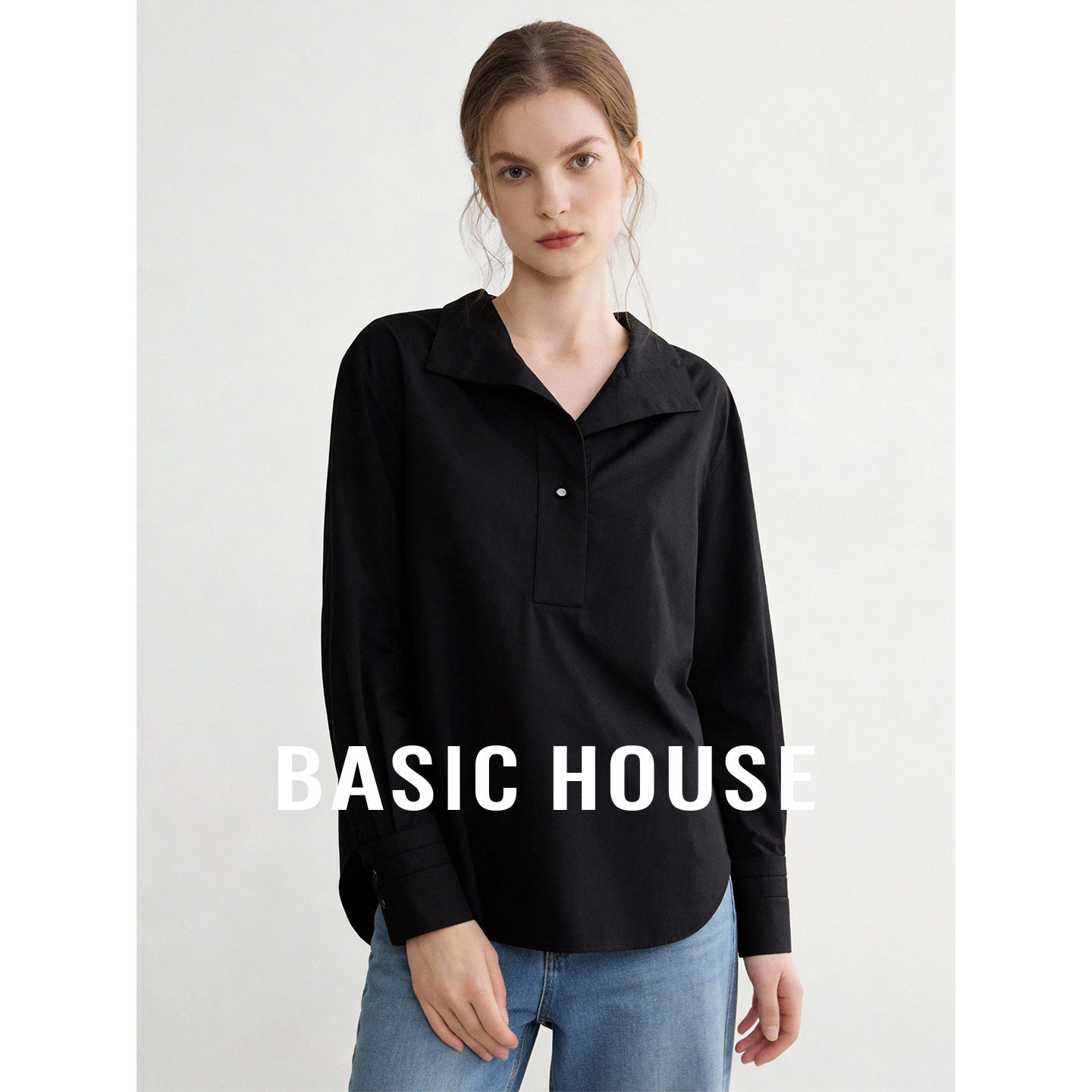 Basic House/百家好黑色半开襟翻领衬衫秋季新款洋气宽松长袖衬衣