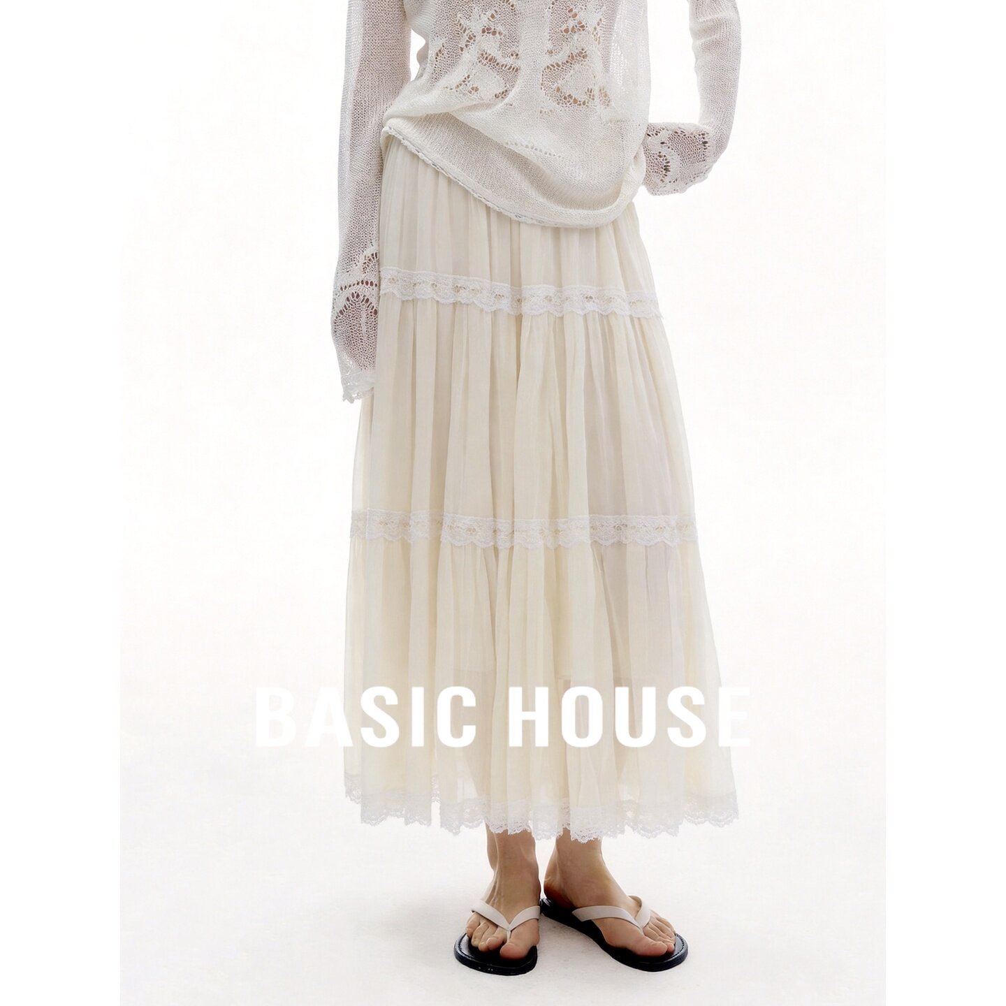 Basic House/百家好温柔风蕾丝拼接A字半身裙女米色中长款蛋糕裙