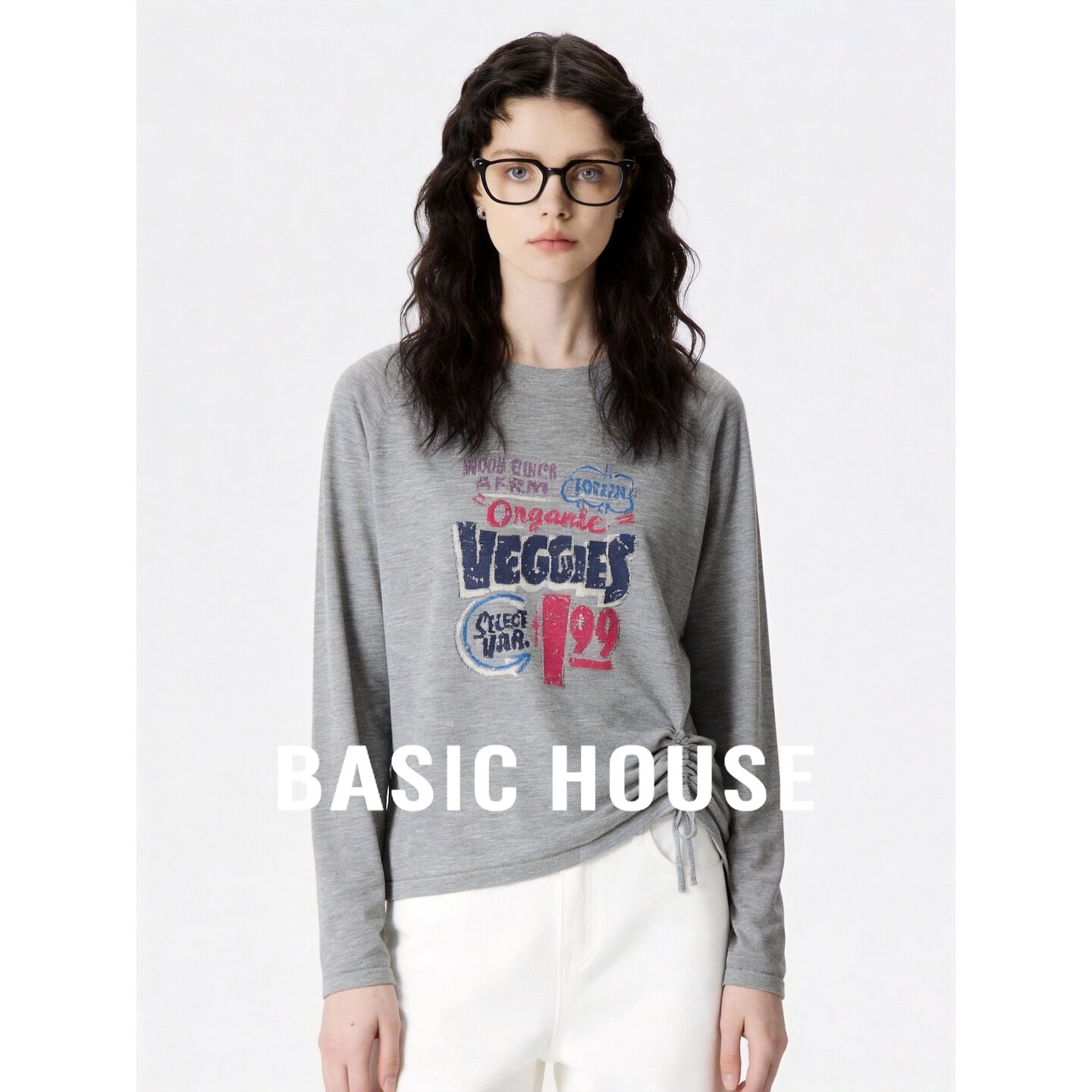 Basic House/百家好圆领字母印花压褶收腰长袖针织衫宽松百搭上衣