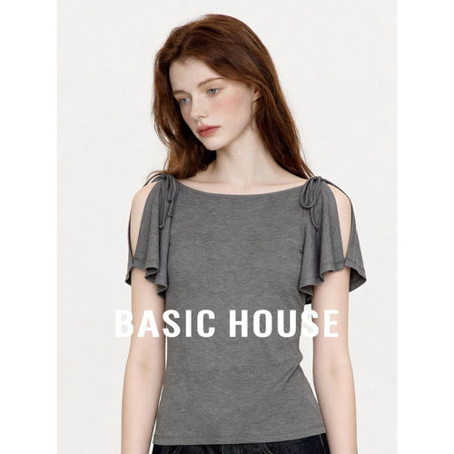 Basic House/百家好深灰露肩绑带短袖T恤女2026夏莱赛尔气质上衣