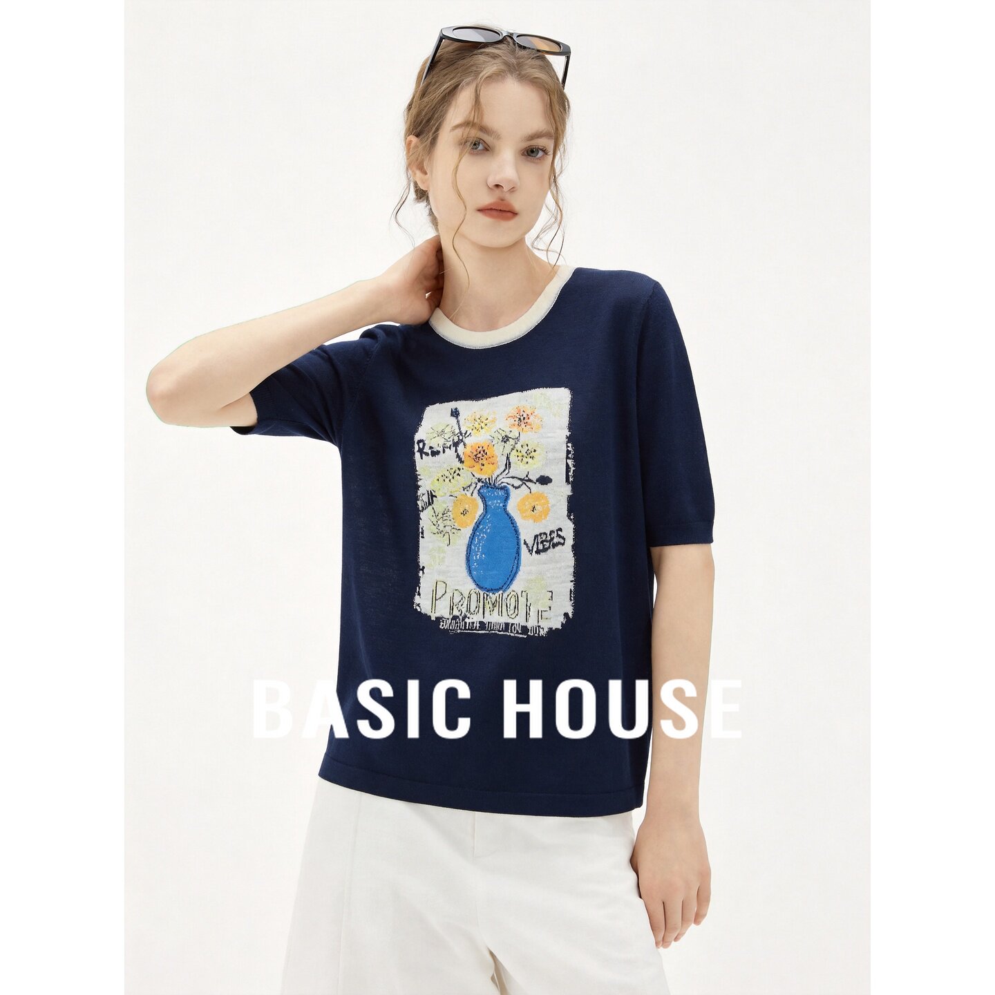 Basic House/百家好法式梵高向日葵印花针织衫藏蓝色中袖上衣女夏