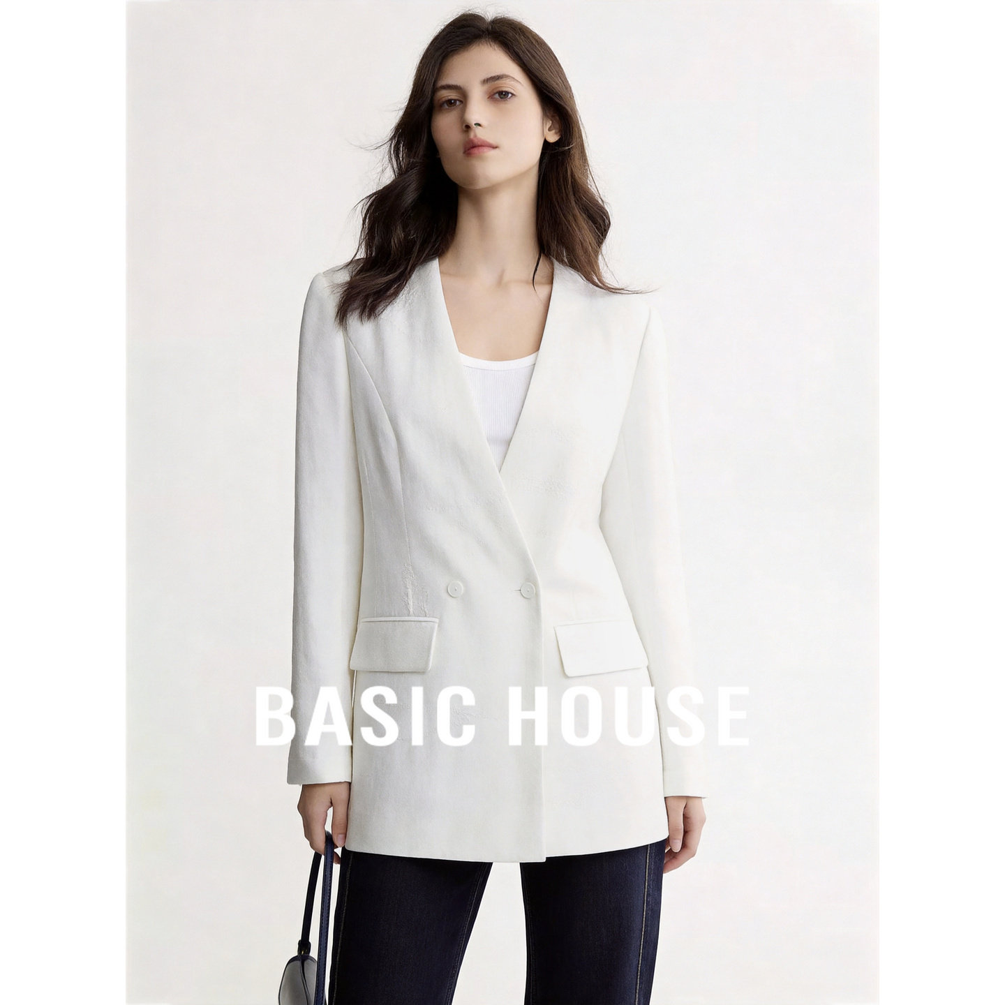 Basic House/百家好优雅风亚麻西装外套女秋长袖双排扣职场短外套