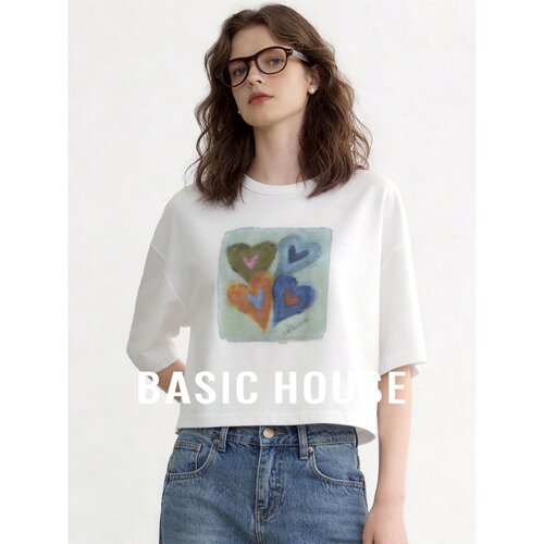 Basic House/百家好时尚爱心印花短袖女白色宽松圆领百搭显瘦T恤