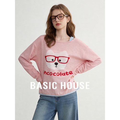 Basic House/百家好撞色小狗刺绣长袖针织衫女秋减龄百搭圆领上衣