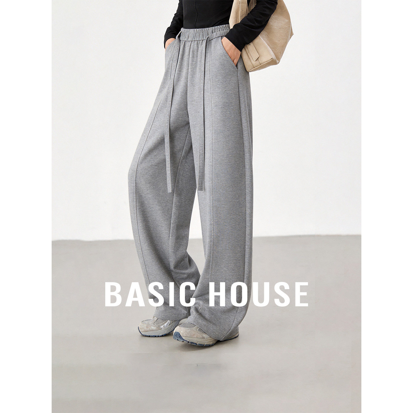 Basic House/百家好慵懒风灰色阔腿卫裤女夏季高腰宽松直筒休闲裤