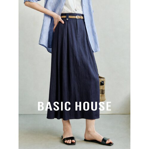 Basic House/百家好通勤高腰A字半身裙女夏季藏蓝松紧腰显瘦长裙