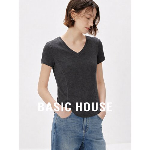Basic House/百家好V领正肩修身短袖针织衫女2026夏日常通勤上衣