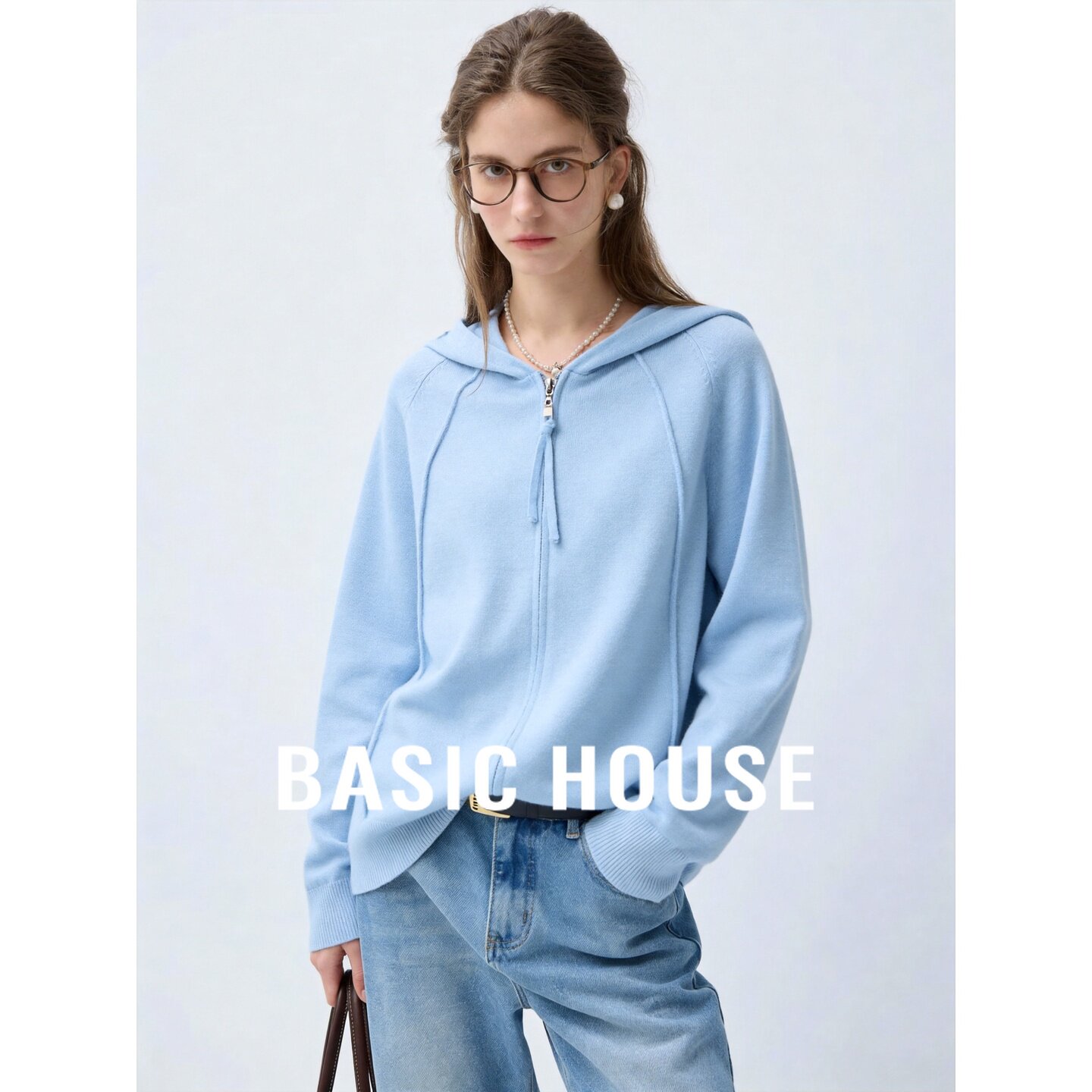 Basic House/百家好极简连帽拉链羊毛针织开衫女宽松显瘦外套上衣