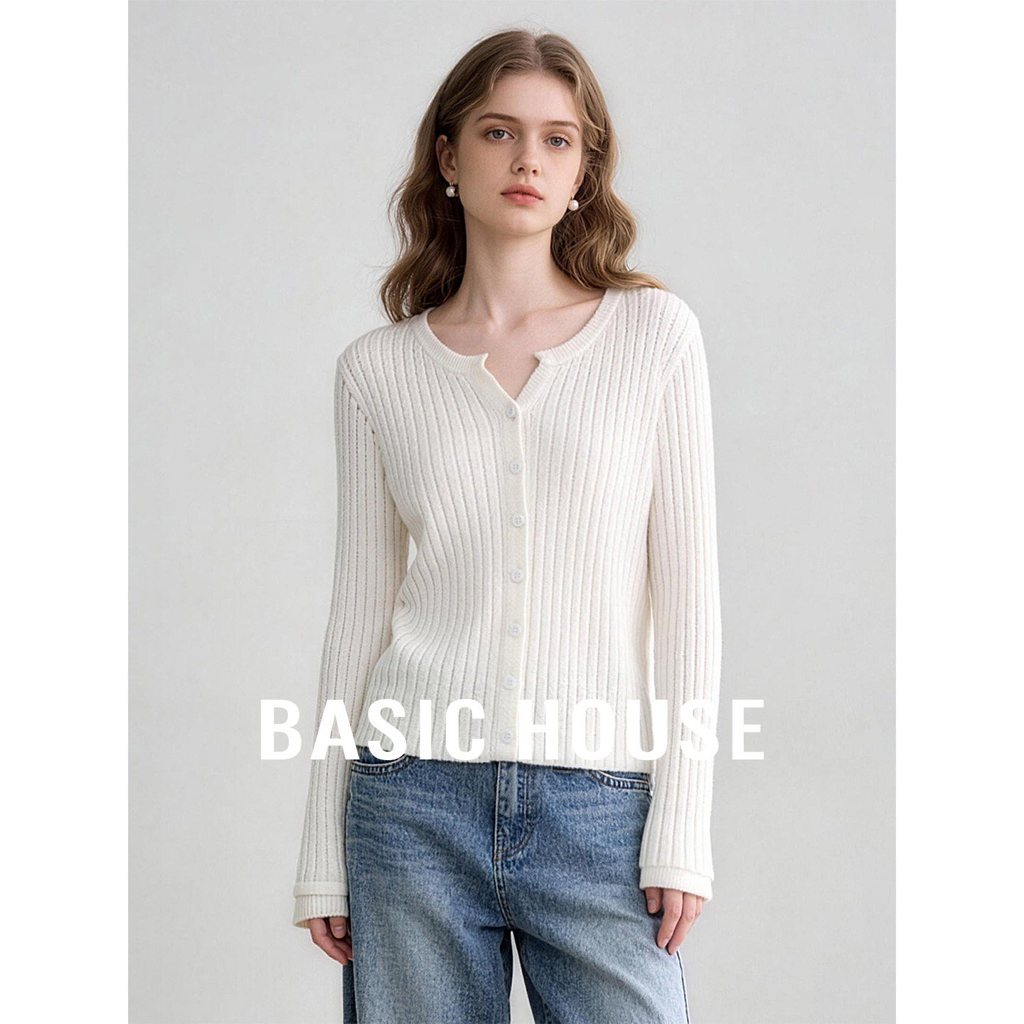 Basic House/百家好白色竖条纹基础简约针织衫女秋季修身显瘦上衣