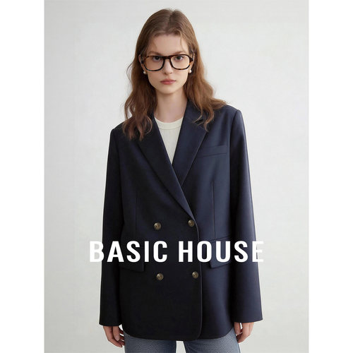 Basic House/百家好V领藏青色正肩西装外套女春通勤气质百搭上衣