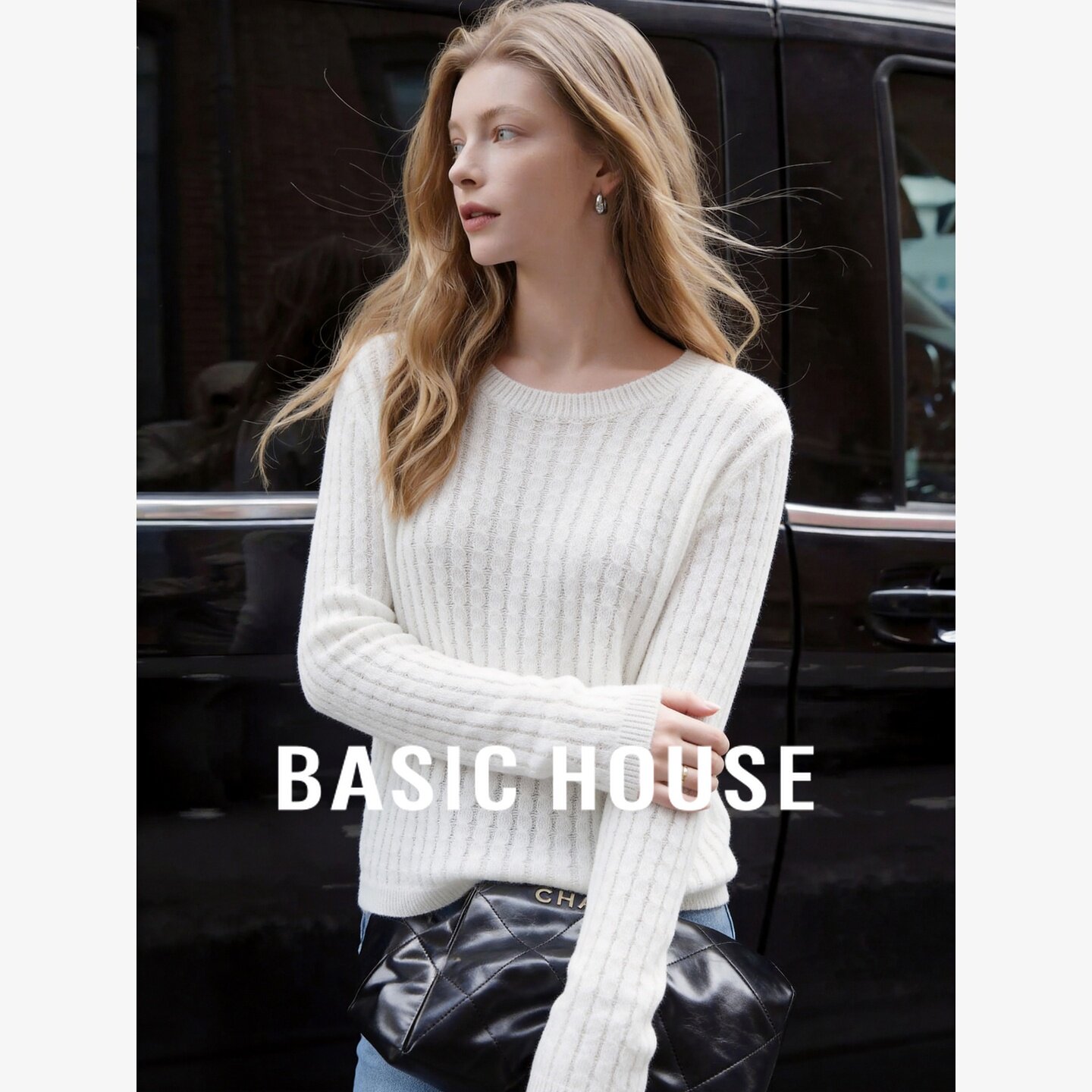 Basic House/百家好圆领罗纹长袖针织衫女装宽松百搭毛衣时尚上衣