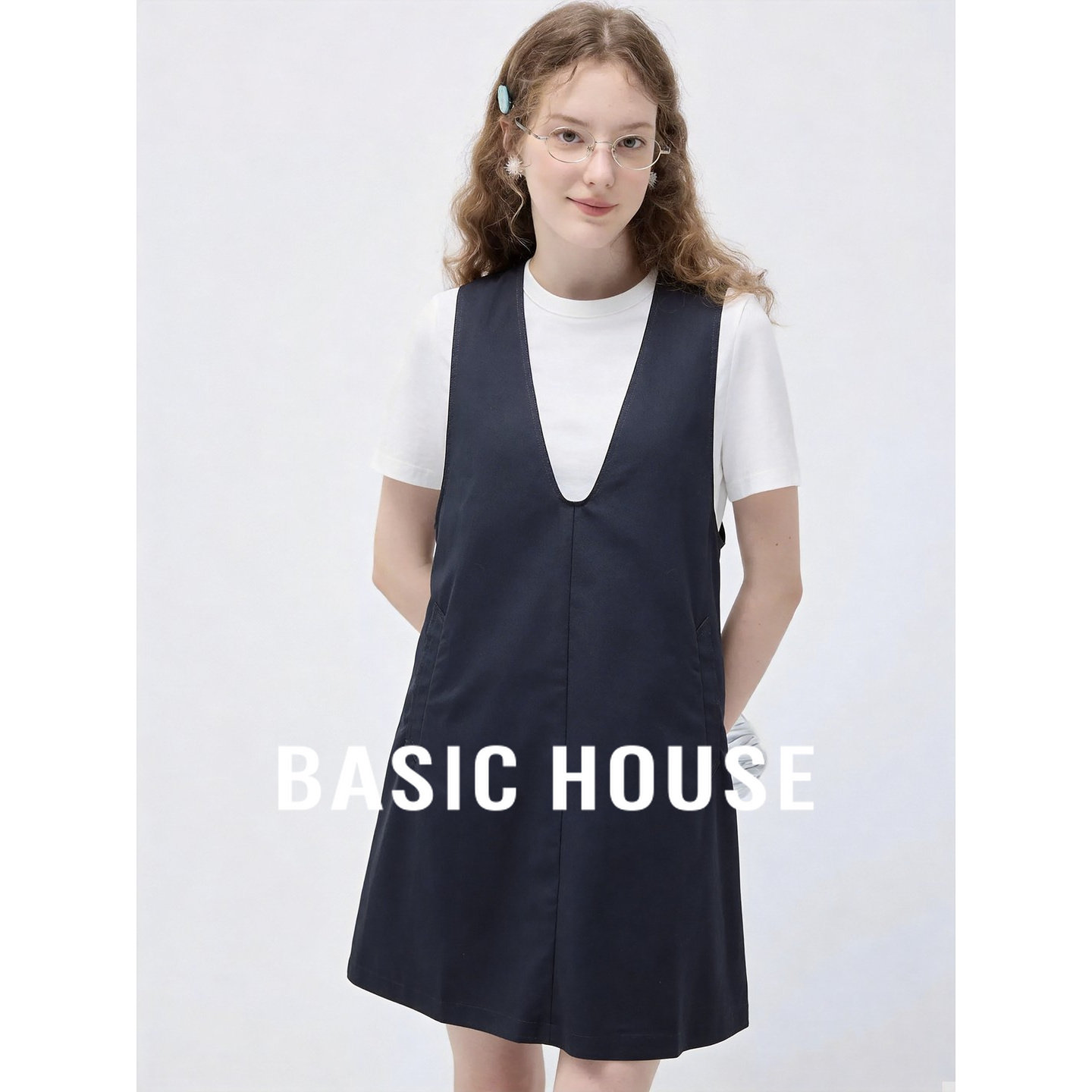 Basic House/百家好通勤风V领背带裙套装女夏季休闲藏青色两件套