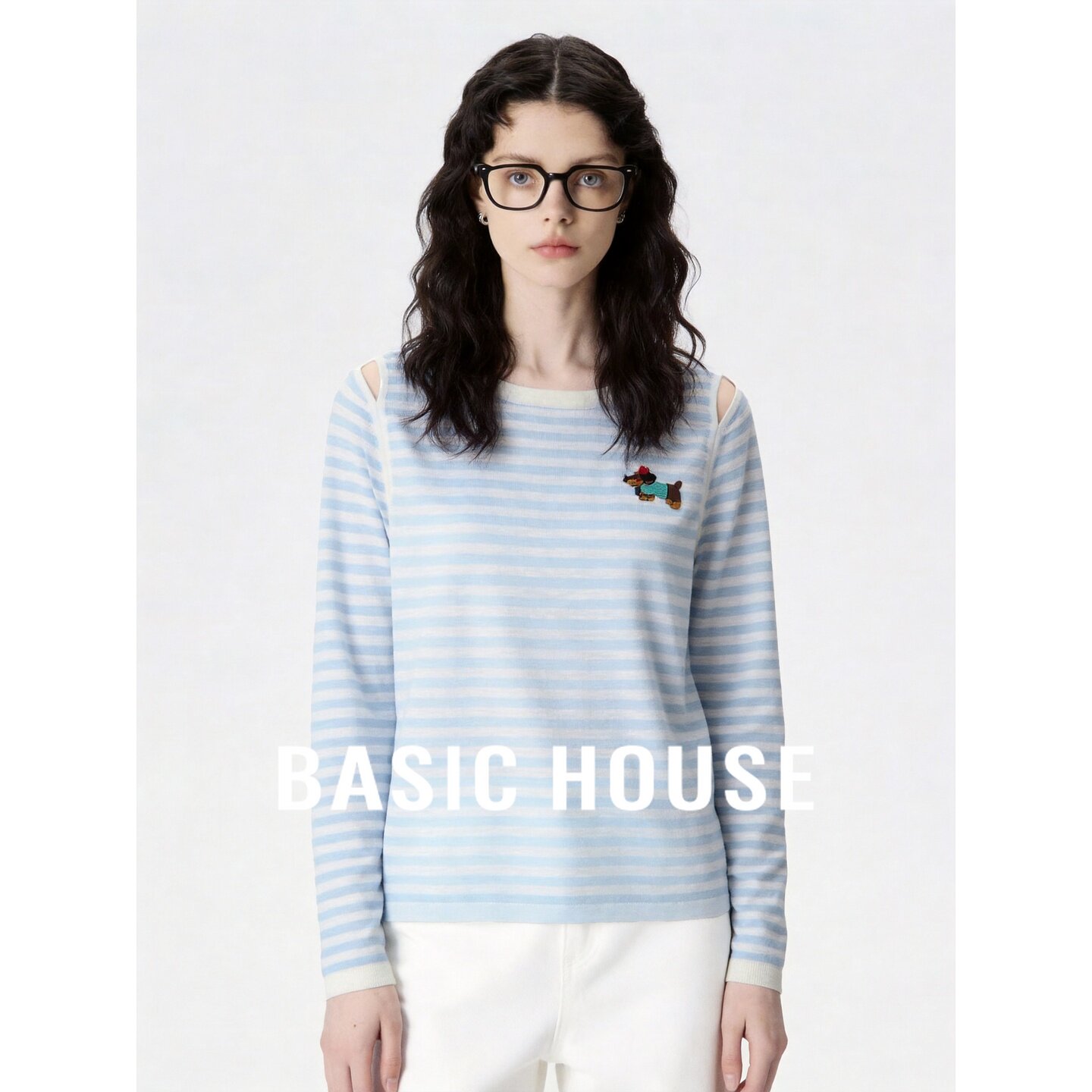 Basic House/百家好蓝白条纹圆领长袖针织衫女秋宽松显瘦毛衣上衣