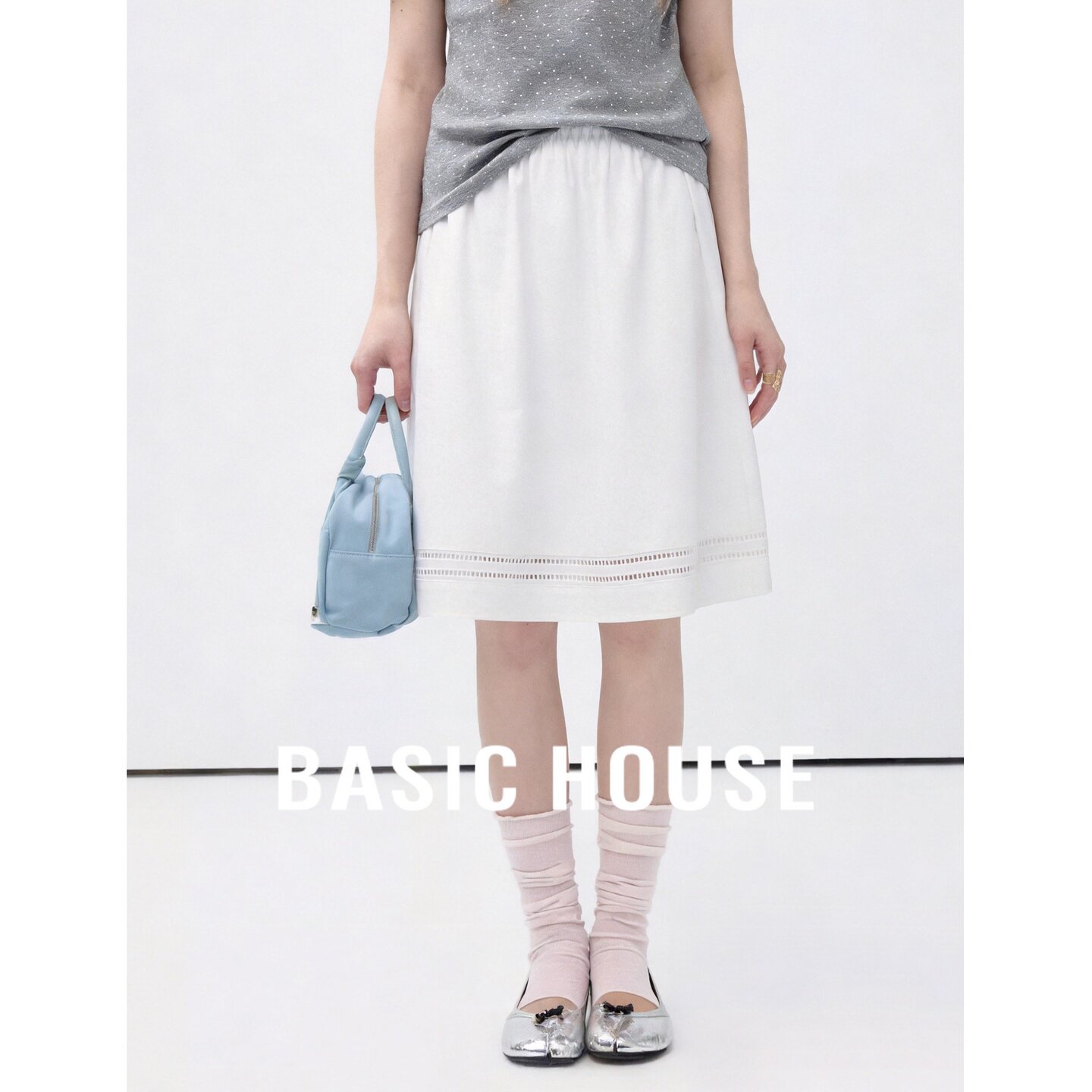 Basic House/百家好白色半身裙女中高腰A字裙韩版显瘦中长款夏秋
