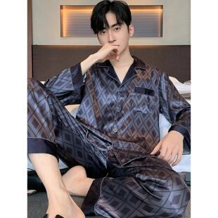 春夏季男士睡衣丝绸春秋款爸爸长袖男款加大码中年冰丝家居服套装