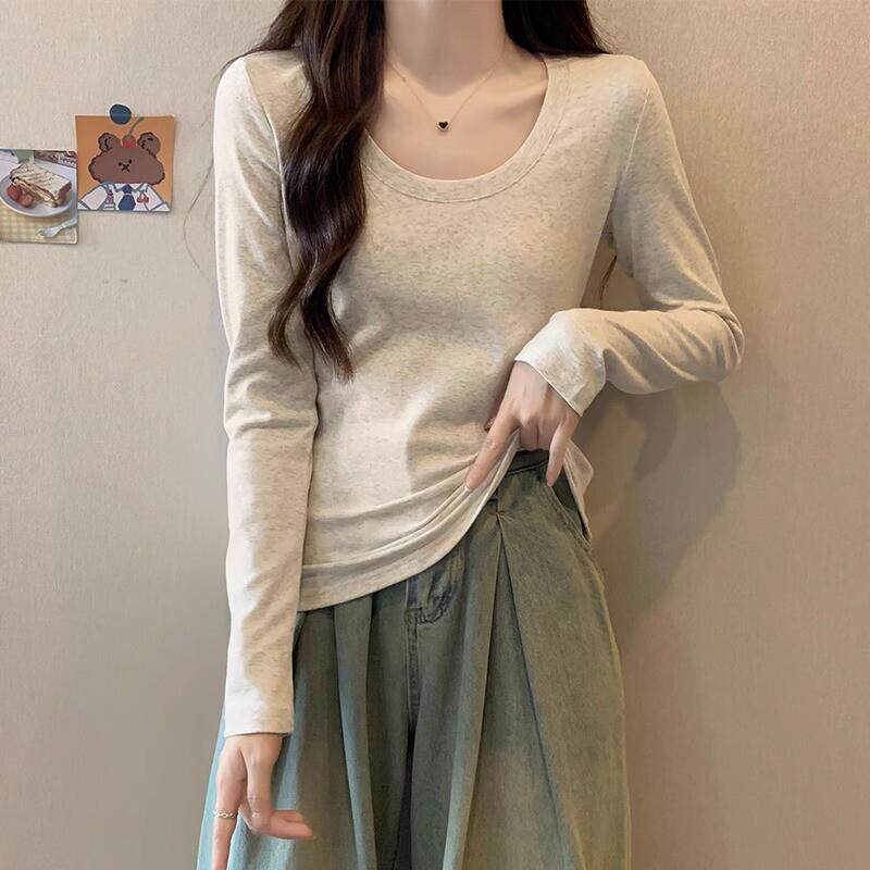 法式U型领长袖t恤女2026年早秋新款叠穿打底衫纯棉正肩基础款上衣
