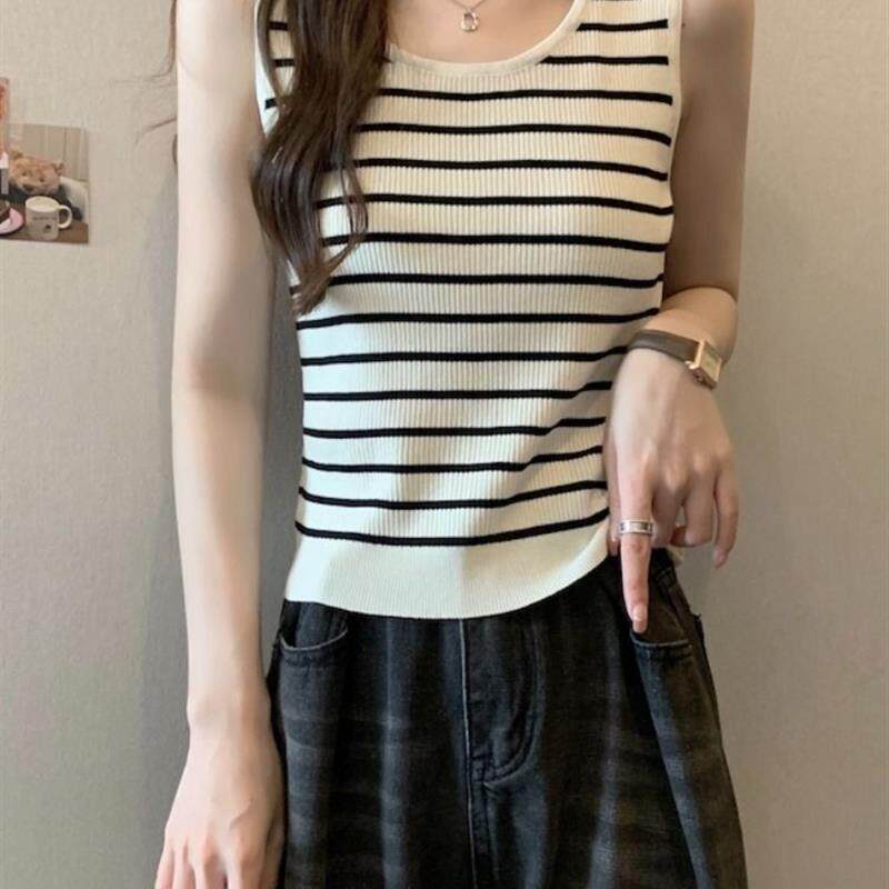 时尚条纹针织打底吊带背心女内搭春季大码胖mm遮肚显瘦上衣夏