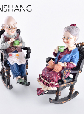 欧式复古爷爷奶奶坐摇椅老头老太喝茶公婆 家居饰品摆件结婚礼物