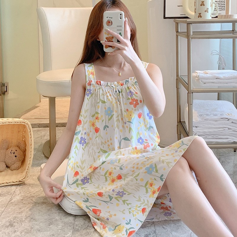 热天呆带裙子棉调女装粘稠掉带睡衣i女夏天棉球吊单睡着掉吊睡裙