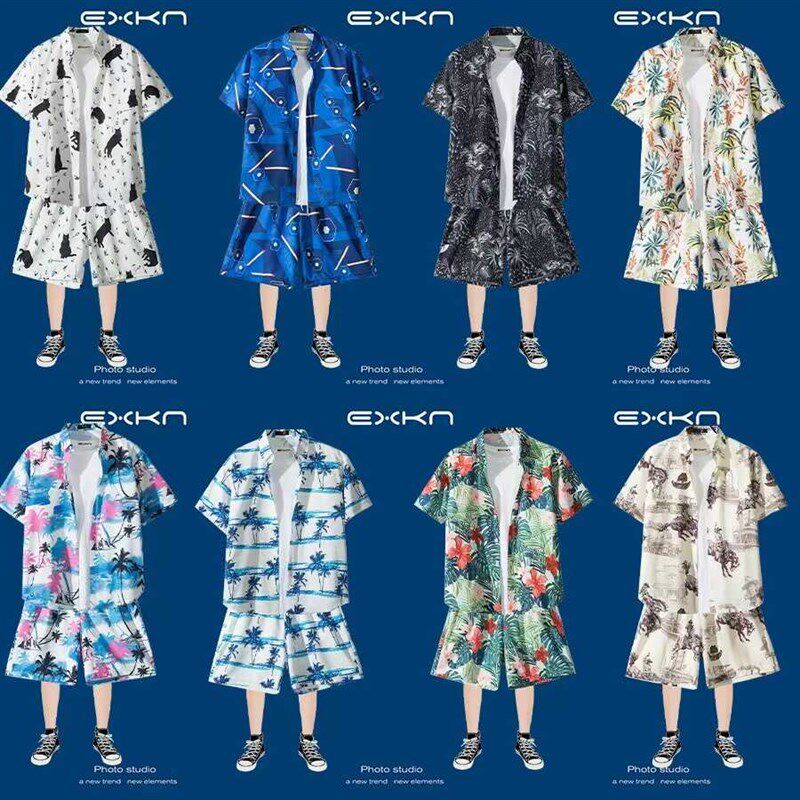 夏季三亚风沙滩套装男女短袖花衬衫休闲夏威夷海边情侣短裤两件套