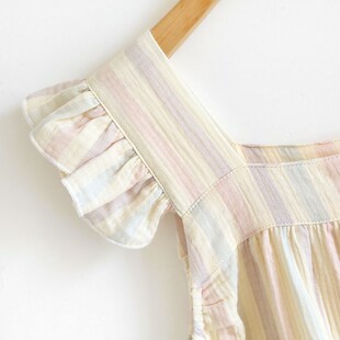 荷叶袖吊带睡裙纯棉纱布睡衣女夏季彩色条纹薄款家居服连衣裙子