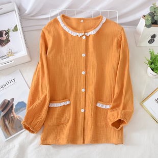 春秋睡衣女上衣单件纯棉宽松双层纱布全棉薄长袖 家居服 空调小开衫