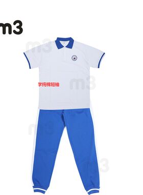 惠州市园洲中学生校服纯棉面料短袖翻领T恤白-条杠短裤男女通用