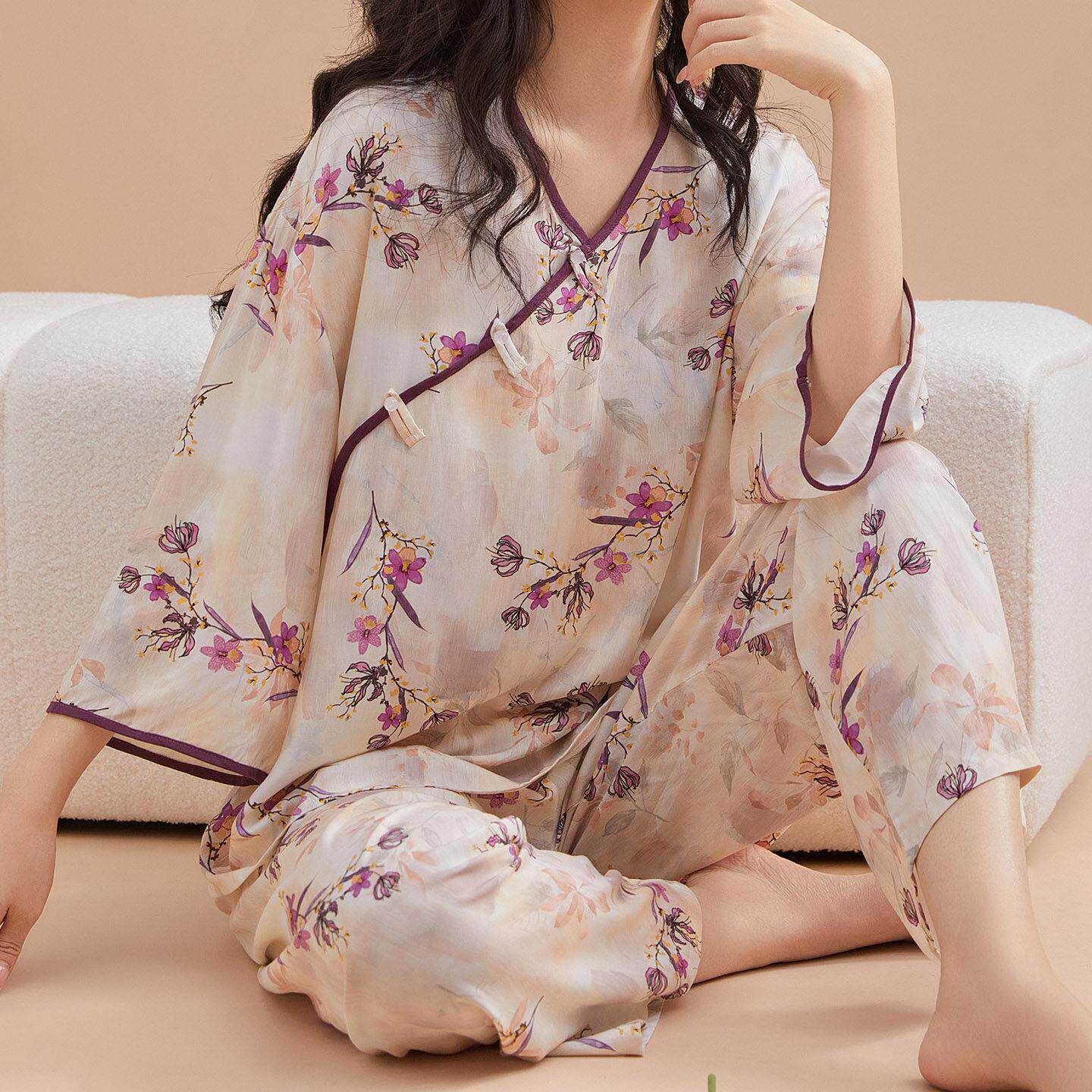 新中式睡衣女夏季新款棉绸盘扣七分袖长裤甜美国风家居服套装外穿