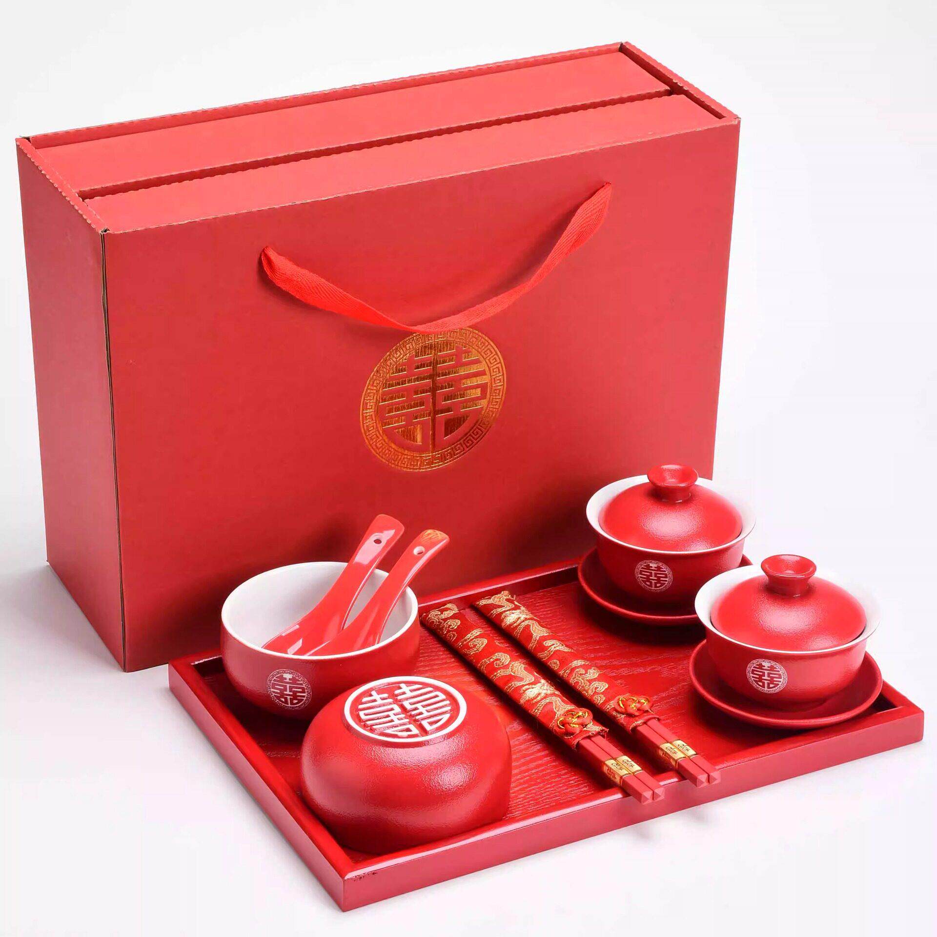 新品景德镇喜碗敬茶杯子结婚礼改口喜杯对杯对碗筷套装婚庆女方