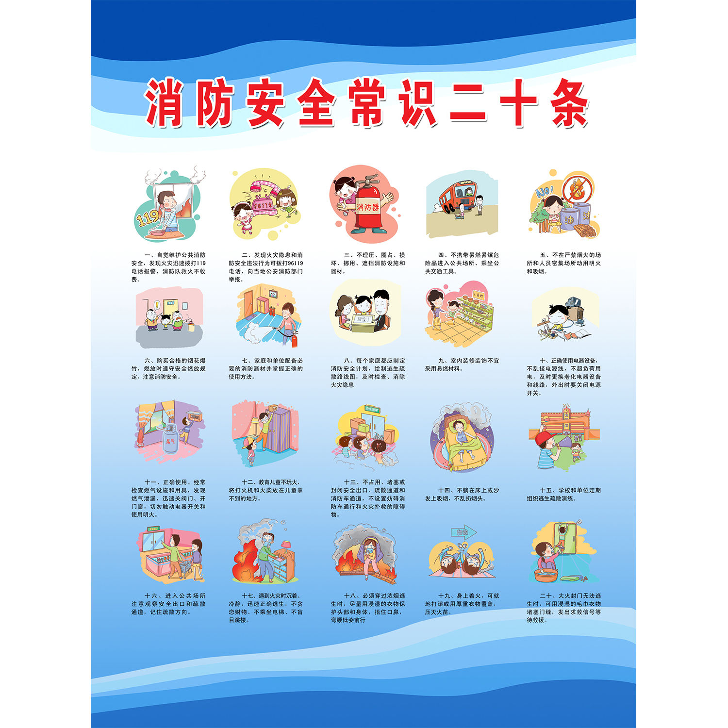 消防安全常识二十条宣传教育挂图画 火灾预防自救逃生标语海报墙