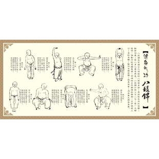 少林健身气功八段锦养生挂图挂墙海报贴画中医五禽戏动作姿势示意